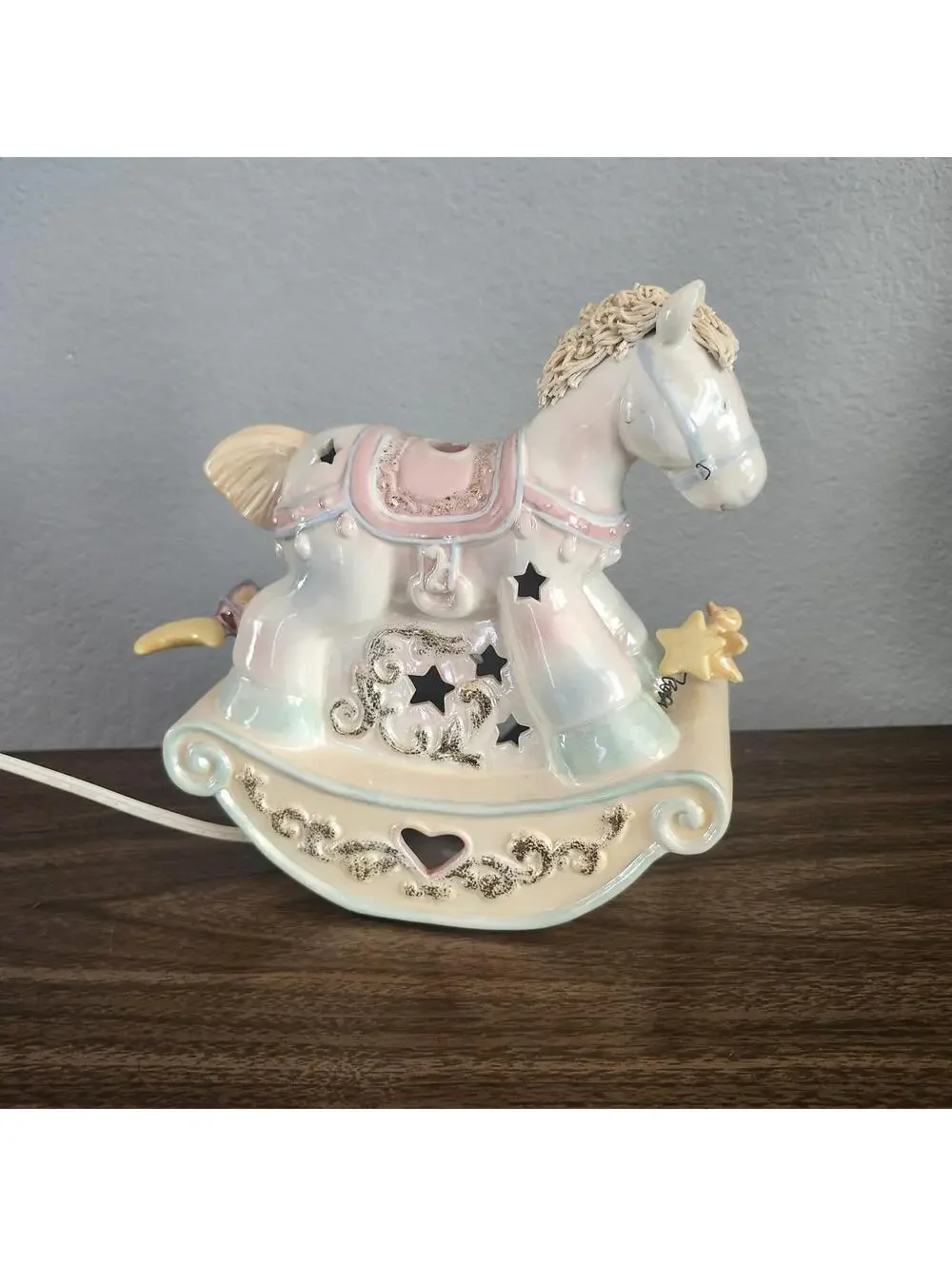 Vintage Porcelain Rocking Horse Nursery Lamp Pastel Stars Glitter 2001